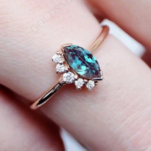 Vintage Alexandrite Minimalist Engagement Ring Rose Gold Alexandrite Wedding Ring Unique Bridal Promise Ring Art Deco Dainty Ring For Her