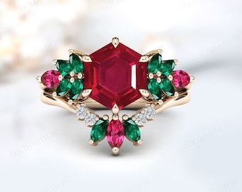 Art Deco Red Ruby Engagement Ring Set For Women Hexagon Shaped Ruby 2 Piece Wedding Ring Set Green Gemstone Rings Vintage Bridal Ring Set