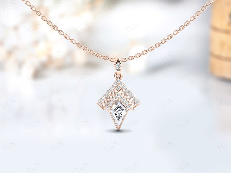 Kite Shaped Moissanite Pendant for Women Vintage Chevron Style