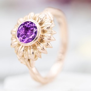 Sunflower Amethyst Engagement Ring Leaf Wedding Ring For Women Vintage Amethyst Bridal Ring Floral Promise Ring Unique Anniversary Ring