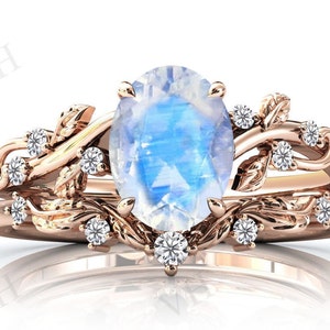 Art Deco Moonstone Engagement Ring Set Leaf Style Moonstone Wedding Ring Set 2 Pc Unique Bridal Promise Ring Set Anniversary Rings For Women