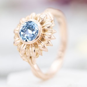 Sunflower Aquamarine Engagement Ring Floral Aquamarine Bridal Anniversary Ring Sunflower Wedding Ring 14k Rose Gold Art Deco Promise Ring