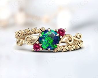 Green Opal Gemstone Ring For Women Art Deco Vine Leaf Wedding Ring 14k Gold Green Opal Engagement Ring Unique Filigree Style Promise Ring