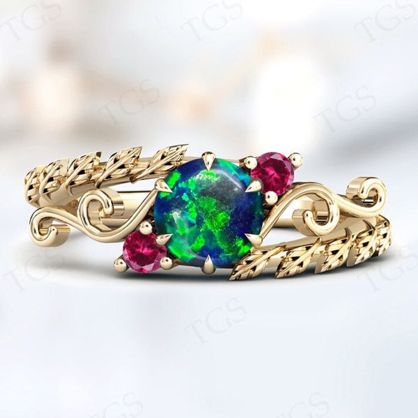 Green Opal Gemstone Ring For Women Art Deco Vine Leaf Wedding Ring 14k Gold Green Opal Engagement Ring Unique Filigree Style Promise Ring