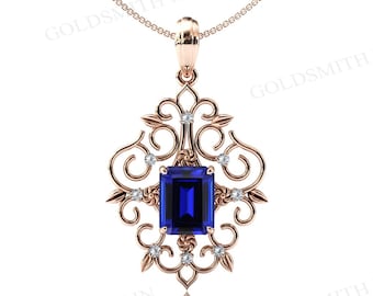 Vintage Emerald Shaped Blue Sapphire Pendant Art Deco Filigree Design Wedding Pendant Antique Statement Necklace For Women Anniversary Gift