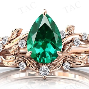 Antique Vine Leaf Design Emerald Engagement Ring Set Pear Shaped Emerald Wedding Ring Set 14k Rose Gold Vintage Promise Anniversary Ring Set
