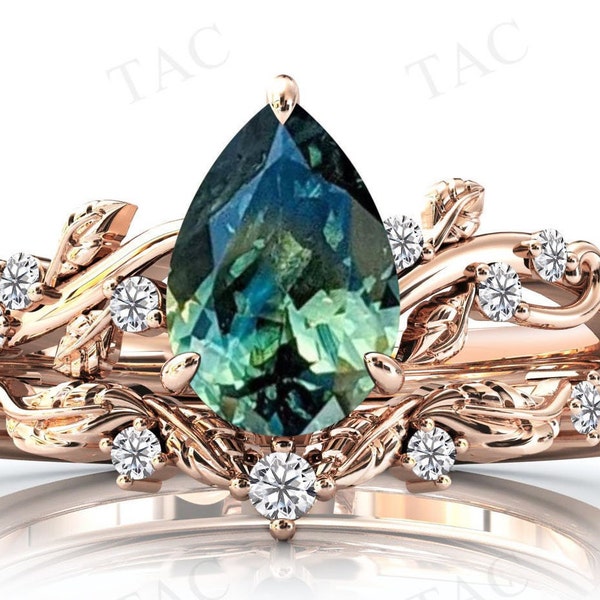 Art Deco Peer Vormige Teal Sapphire Verlovingsring Set Kleur Veranderen Teal Sapphire Trouwring Set 14k Goud Vintage Blad Stijl Bruids Ring