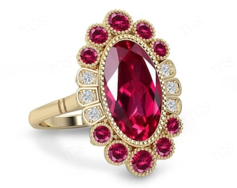 14k Gold Ruby Engagement Ring For Women Art Deco Ruby Wedding Ring Unique Large Gemstone Ring For Women Cocktail Ring Vintage Promise Ring