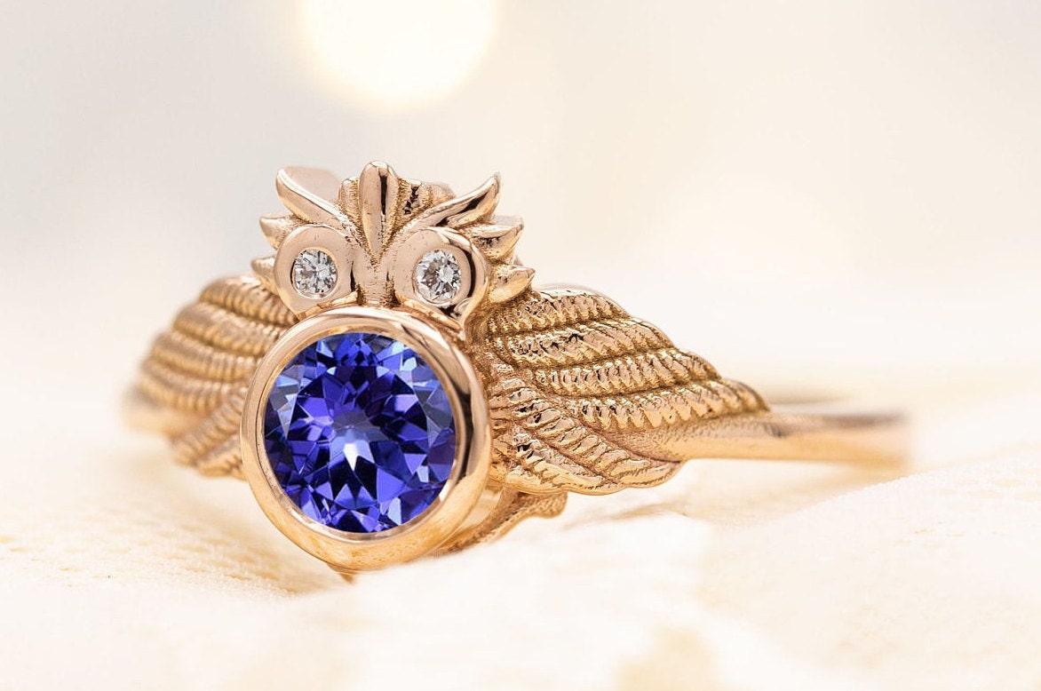 Art Deco Owl Blue Tanzanite Wedding Ring Vintage Tanzanite Engagement Ring Art Deco Tanzanite Bridal