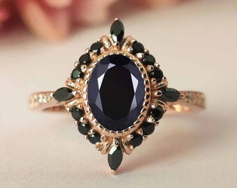 Antique Black Onyx Engagement Ring Vintage Wedding Ring 14k Rose Gold Oval Black Onyx Bridal Promise Ring Unique Art Deco Anniversary Ring