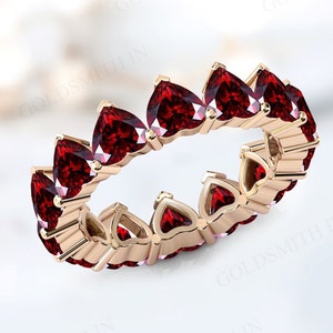 Vintage Garnet Wedding Band Rose Gold Full Eternity Band Heart Shaped Garnet Engagement Band For Women Unique Red Gemstone Band Gift For Her