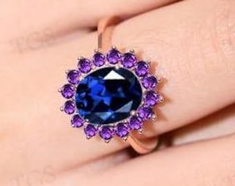Unique Blue Sapphire Wedding Ring Art Deco Blue Sapphire Cocktail Engagement Ring Vintage Amethyst Bridal Promise Ring Women Statement Ring
