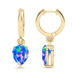 Natural Blue Opal Huggie Hoop Earrings For Women Art Deco Blue Opal Dainty Wedding Earrings Unique Tear Drop Minimalist Earrings For Her