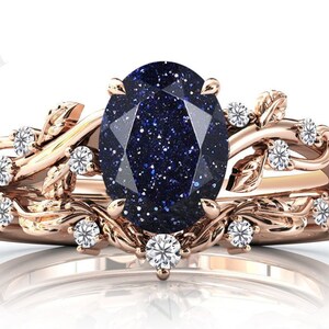 Vintage Galaxy Star Blue Sandstone Engagement Ring Set Art Deco Wedding Ring Set Leaf Style Unique Anniversary Ring Set 2pc Bridal Ring Set