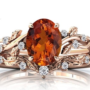 Vintage Maderia Citrine Engagement Ring Set Vine Leaf Style Wedding Ring Set Art Deco Bridal Promise Ring Set Unique Anniversary Ring Set
