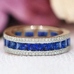 Art Deco Blue Sapphire Band For Women Unique Full Eternity Wedding Band Vintage Blue Sapphire Engagement Band 14k White Gold Gemstone Band