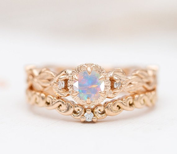 Vintage Opal Engagement Ring Set Art Deco Opal Wedding Ring | Etsy