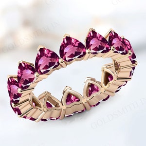 Vintage Rhodolite Garnet Engagement Band For Women Heart Shaped Rhodolite Garnet Wedding Band 925 Silver Eternity Band Unique Promise Band