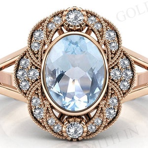 Oval Cut Aquamarine Engagement Ring Vintage Aquamarine Halo Wedding Ring Antique Art Deco Bridal Anniversary Ring Unique Women Promise Ring