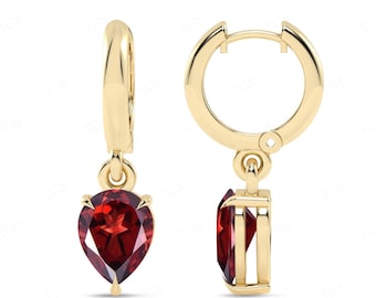 Natural Red Garnet Huggie Hoop Earrings For Women 14k Gold Garnet Tear Drop Earrings Art Deco Garnet Wedding Earrings Anniversary Gift