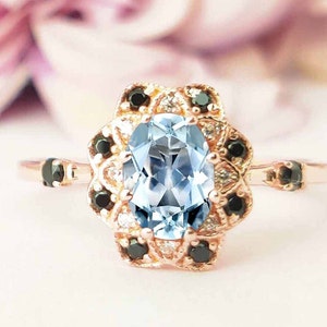 Vintage Aquamarine Engagement Ring 14k Rose Gold Aquamarine Wedding Ring Unique Bridal Promise Ring Art Deco Anniversary Ring For Women