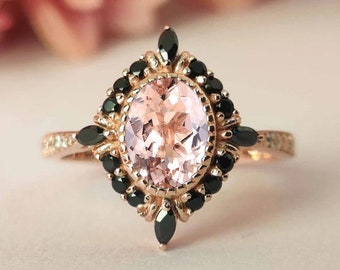 Vintage Morganite Engagement Ring Oval Cut Morganite Wedding Ring 14k Rose Gold Antique Bridal Promise Ring Unique Art Deco Anniversary Ring