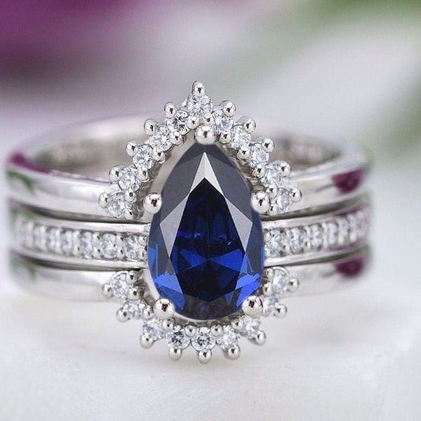 Lab Blue Sapphire Wedding Ring Set Art Deco Bridal Promise Ring Set 14k Gold Antique Anniversary Ring Set Vintage Engagement Rings For Her