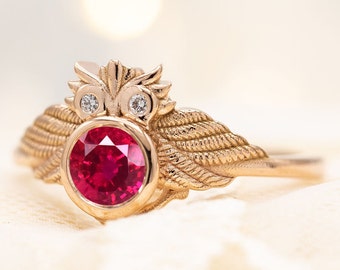 Ruby Engagement Ring For Women 14k Gold Vintage Ruby Wedding Ring Unique Art Deco Bridal Anniversary Ring Antique Owl Style Promise Ring