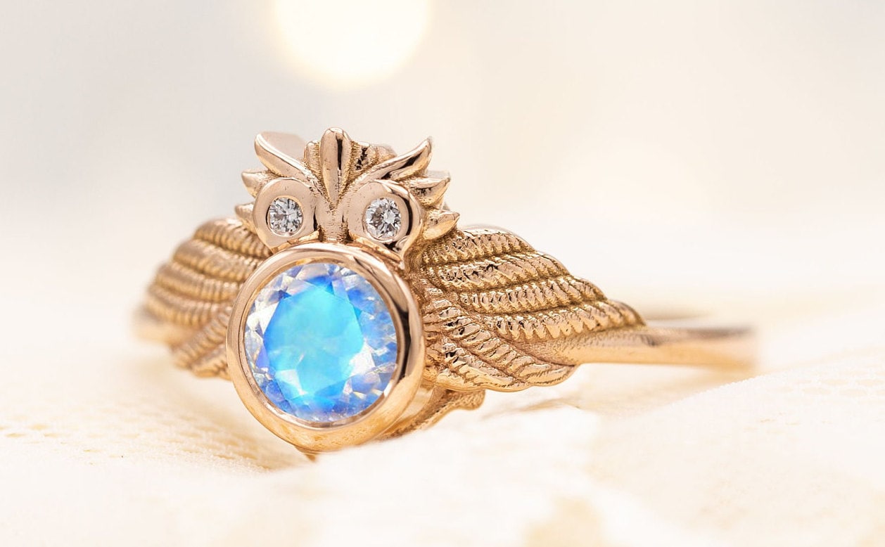 Art Deco Moonstone Engagement Ring Owl Style Wedding Ring 14k Rose Gold Unique Promise Anniversary R