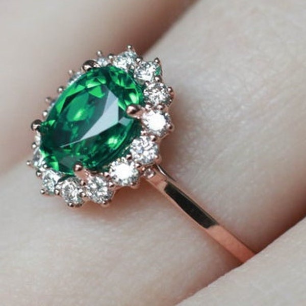 Lab Made Emerald Verlovingsring Unieke Halo Trouwring 14K Rose Gouden Trouwring Starling Zilveren Verjaardagsring Belofte Ring Voor Haar