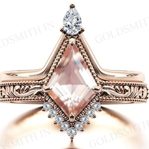 Art Deco Kite Shaped Morganite Engagement Ring Set Antique 2 Piece Wedding Ring Set 925 Silver Morganite Bridal Ring Set Unique Promise Ring