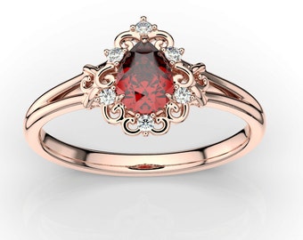 Filigree Garnet Engagement Ring Art Deco Garnet Engagement Ring Rose Gold Garnet Wedding Ring Antique Wedding Ring Bridal Anniversary Ring