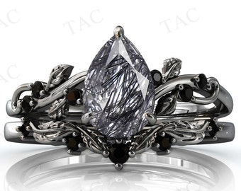 Pear Shaped Rutilated Quartz Engagement Ring Set Vine Leaf Design Black Rutile Bridal Ring Set For Women Vintage Black Quartz Wedding Rings