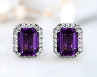 Emerald Cut Amethyst Earrings For Women Art Deco Wedding Earrings Antique Halo Style Stud Earrings Unique Purple Gemstone Earrings For Her