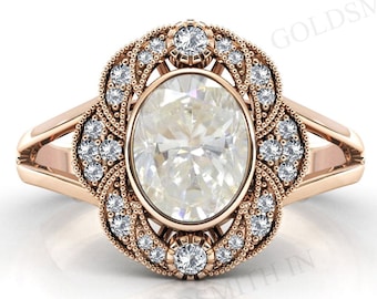 Antique Oval Cut Moissanite Engagement Ring 14k Gold Moissanite Art Deco Halo Wedding Ring Unique Bridal Promise Anniversary Ring For Women