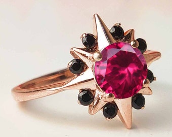 Ruby Engagement Ring Antique Art Deco Ruby Bridal Ring 14k Rose Gold Unique Snowflake Style Promise Ring Round Cut Vintage Ruby Wedding Ring