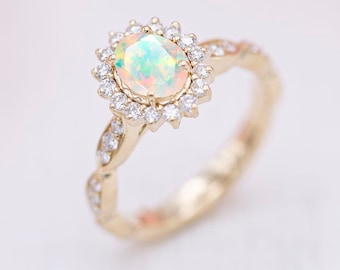 Opal Engagement Ring For Women Art Deco Halo Opal Wedding Ring 14k Gold Vintage Opal Bridal Ring Women Anniversary Ring Unique Promise Ring