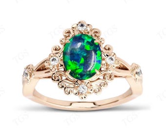 Anel de noivado exclusivo de opala verde para mulheres, anel de casamento de opala verde em ouro rosa 14k, anel de design de filigrana art déco, anel de promessa de noiva vintage