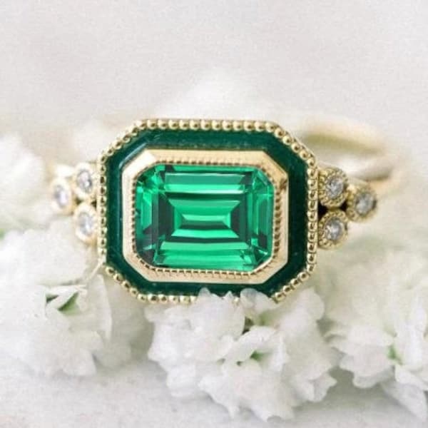 Vintage Emerald Engagement Ring Art Deco Emerald Wedding Ring 14k Rose Gold Bridal Promise Ring Emerald Antique Wedding Ring For Women Gift