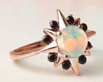 Snowflake Style Opal Engagement Ring Vintage Art Deco Opal Wedding Ring Antique Bridal Promise Ring Round Cut Unique Women Anniversary Ring