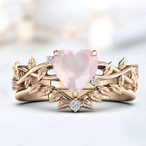Vine Leaf Design Wedding Ring Set Art Deco Rose Quartz Engagement Ring Set Heart Shape Rose Quartz 2 Piece Bridal Ring Set Gift For Women