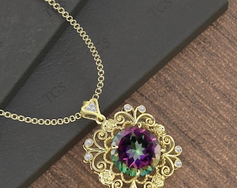 Bio Color Mystic Topas-hänge för kvinnor 925 silver Mystic Topas Statement-hänge Art Deco Filigran bröllopshänge Antik blommig hänge