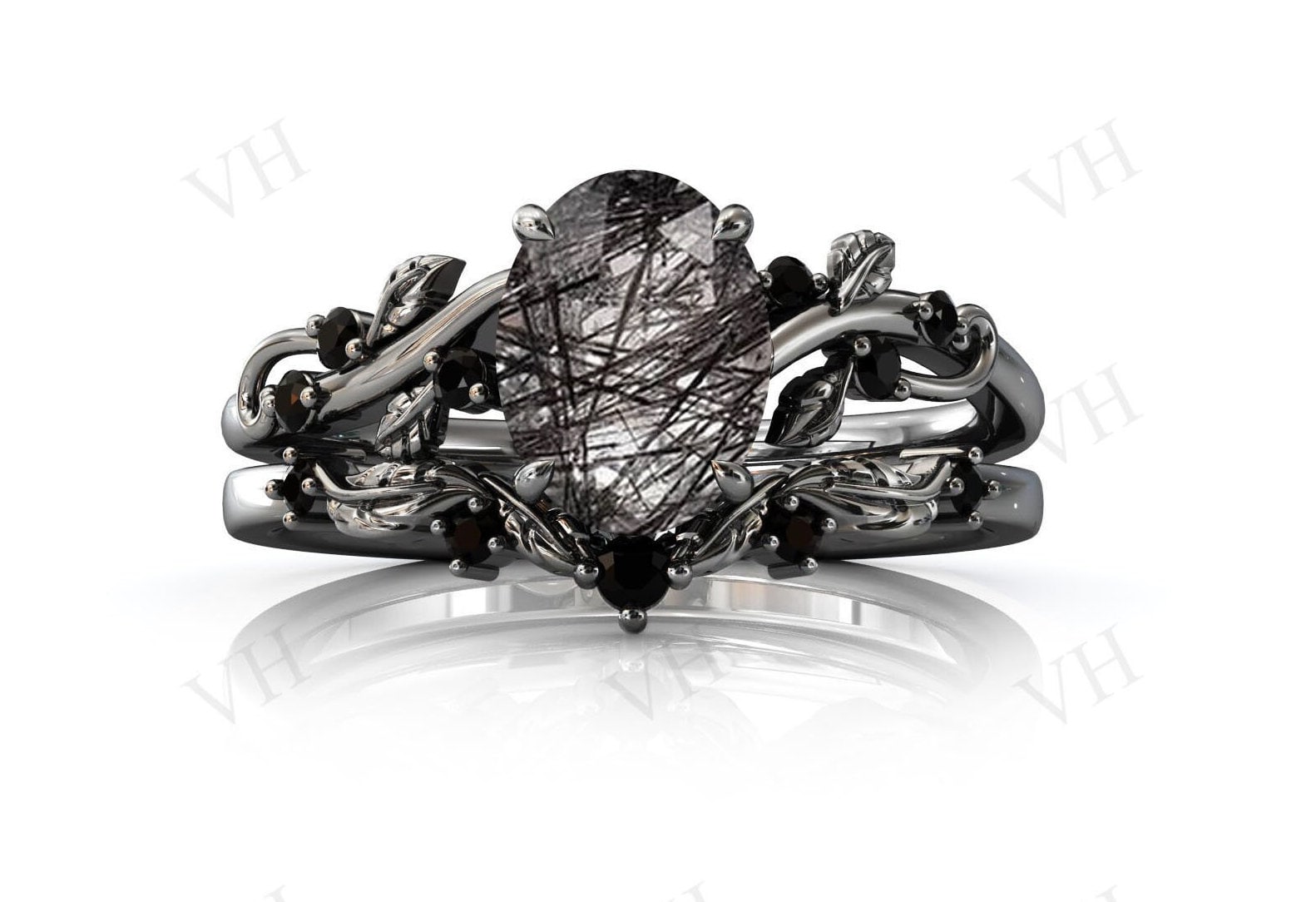 Vintage Black Rutilated Quartz Engagement Ring Set Art Deco Vine Leaf Design Wedding Ring Set Antique 2 Pcs Bridal Ring Set Anniversary Gift