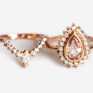 Unique Halo Morganite Engagement Ring Set 14k Rose Gold Morganite Halo Wedding Ring Set Morganite Wedding Ring Set Women Bridal Ring Set