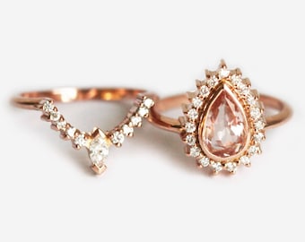 Unique Halo Morganite Engagement Ring Set 14k Rose Gold Morganite Halo Wedding Ring Set Morganite Wedding Ring Set Women Bridal Ring Set