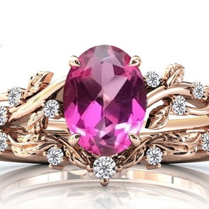 Antique Pink Tourmaline Engagement Ring Set Art Deco Wedding Bridal Ring Set Leaf Style Unique Promise Ring Set Anniversary Gift For Women