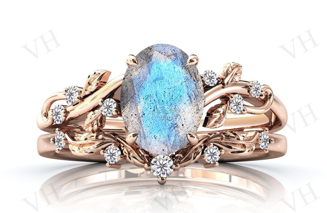 Labrine Engagement Rings Vintage Labradorite Engagement Ring Set 2 Pcs Art Deco Wedding Ring Set ...