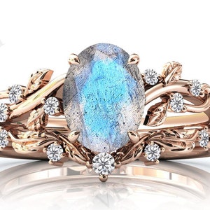 Vintage Labradorite Engagement Ring Set 2 Pcs Art Deco Wedding Ring Set Antique Anniversary Ring Set Vine Leaf Style Bridal Promise Ring Set