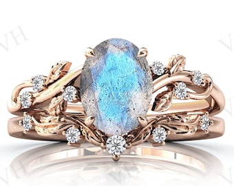Vintage Labradorite Engagement Ring Set 2 Pcs Art Deco Wedding Ring Set Antique Anniversary Ring Set Vine Leaf Style Bridal Promise Ring Set