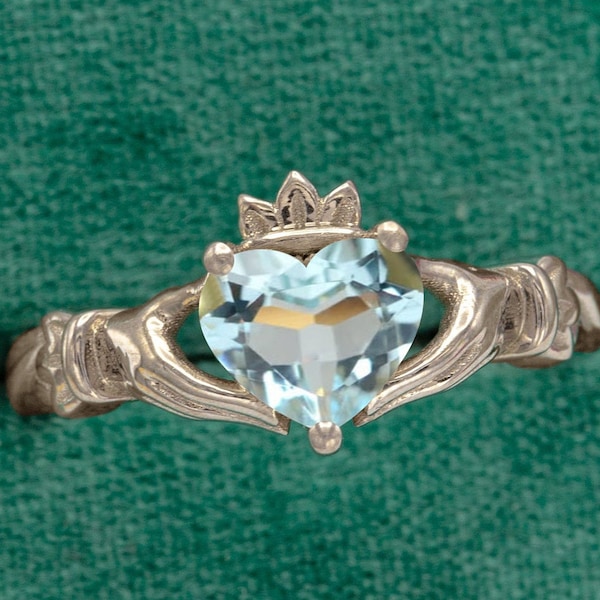 Claddagh Aquamarine Wedding Promise Ring Vintage Claddagh Engagement Ring Art Deco Unique Heart Shaped Ring Antique Bridal Anniversary Ring